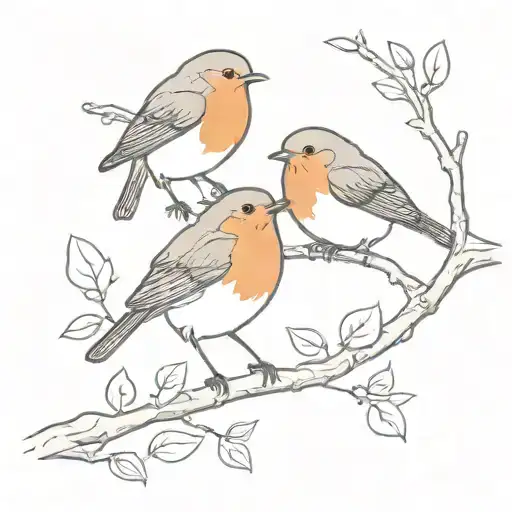 two robins on an orange branch, one robin is flying tattoo design idea