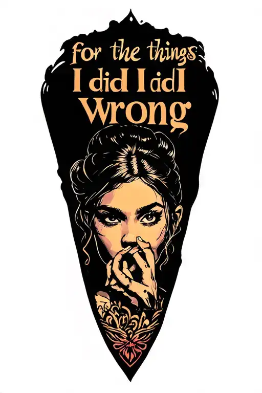 Bold text "for the things I did wrong" with the image of a girl with her hand on her mouth tattoo design idea