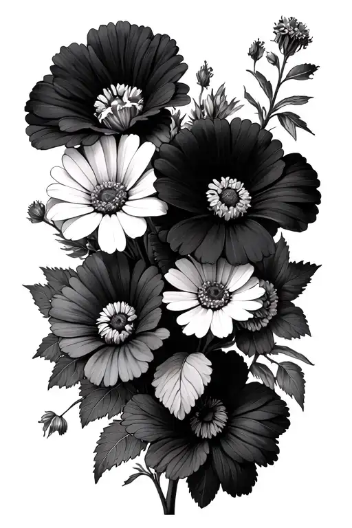 geranium, daisy and violet bouquet tied tattoo design idea