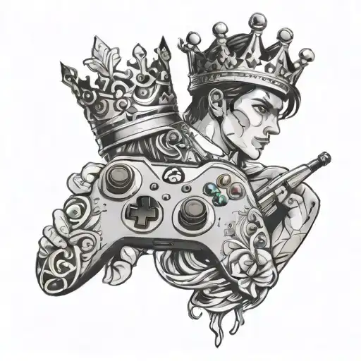 mans handscupped holding an xbox controller and princess crown tattoo design idea