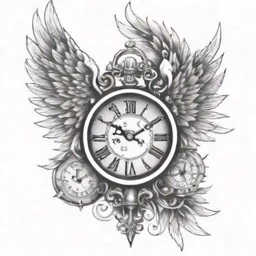 angel wings roman numeral clock tattoo design idea