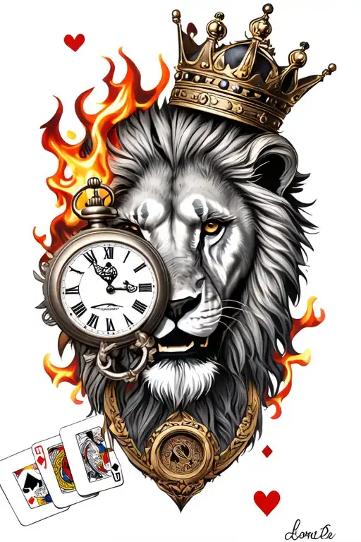 Lion with a crown, and joker playing card on fire, with a Roman pocket watch tattoo design idea