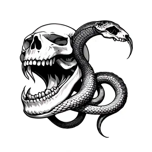 serpents coming from skull mouth tattoo design idea