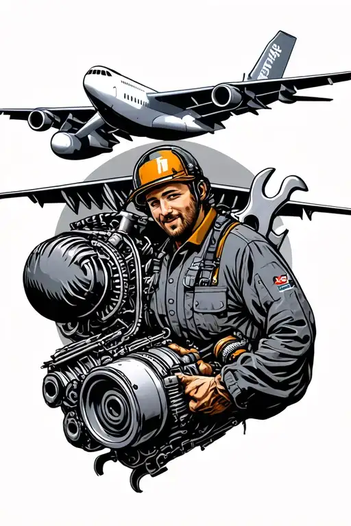 aircraft mechanic with airbus 380, wrench and engine neo tattoo design idea