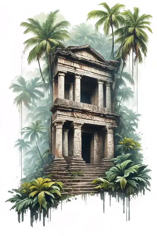 jungle ancient ruins hidden message tattoo design idea