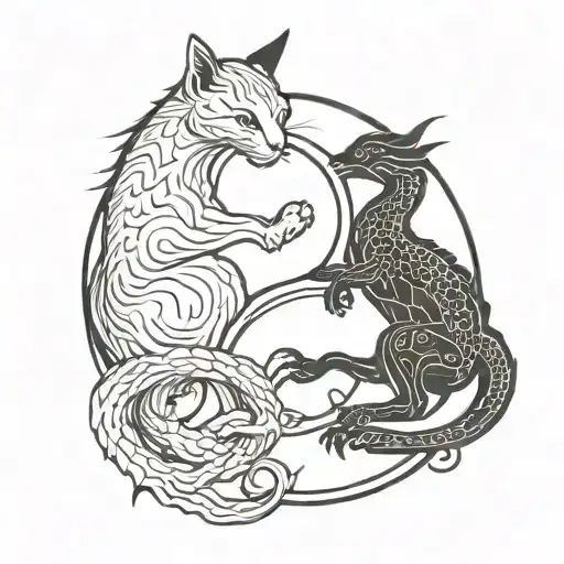 cat and dragon in yin yang symbol tattoo design idea
