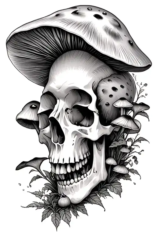 mushrooms growing in skull tattoo design idea