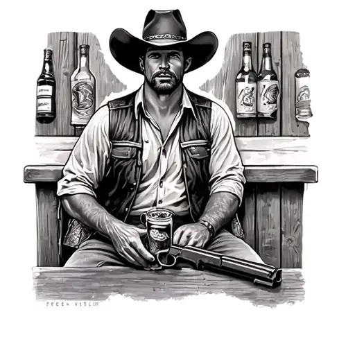 black and grey smooth shading of a western style cowboy sitting at the bar drinking beer with a gun on his hip  tattoo design idea