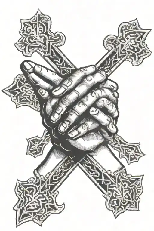 cross and hands praying tattoo design idea