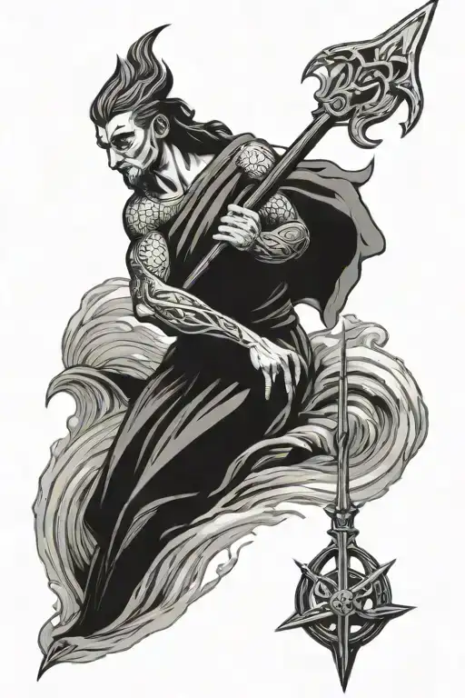 Posiedon Holding trident above waves tattoo design idea
