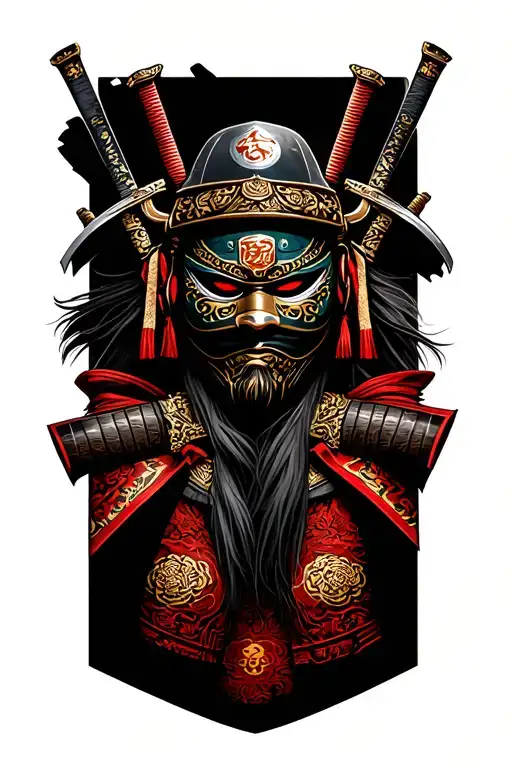 Shogun with 4 swords and a mask ready to attach  tattoo design idea