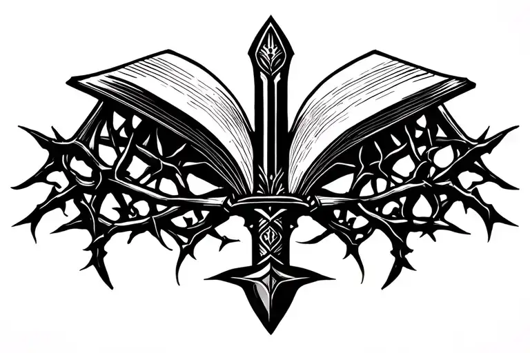 feminine, minimalist, geometric, sword, book lover, beautiful, small, black, thorns tattoo design idea