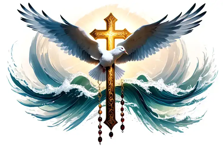 filigree wave design featuring doves flying cross with rosary beads surrounded light  tattoo design idea