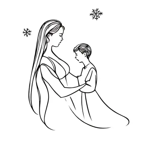 A minimalist tattoo of a mother and son silhouette, with a delicate December snowflake motif to symbolize the special bond formed through an emergency c-section birth, showcasing the beauty of family and love tattoo design idea