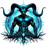 sexy gay male horned satyr with massive bodybuilder muscles flex. cyber tree roots, wild animals and constellations tattoo design idea