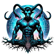 sexy gay male horned satyr with massive bodybuilder muscles flex. cyber tree roots, wild animals and constellations tattoo design idea
