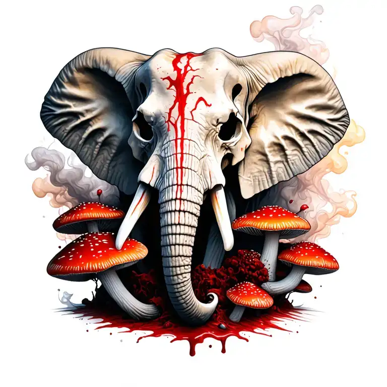 elephant skull surrounded blood red mushrooms and smoke tattoo design idea