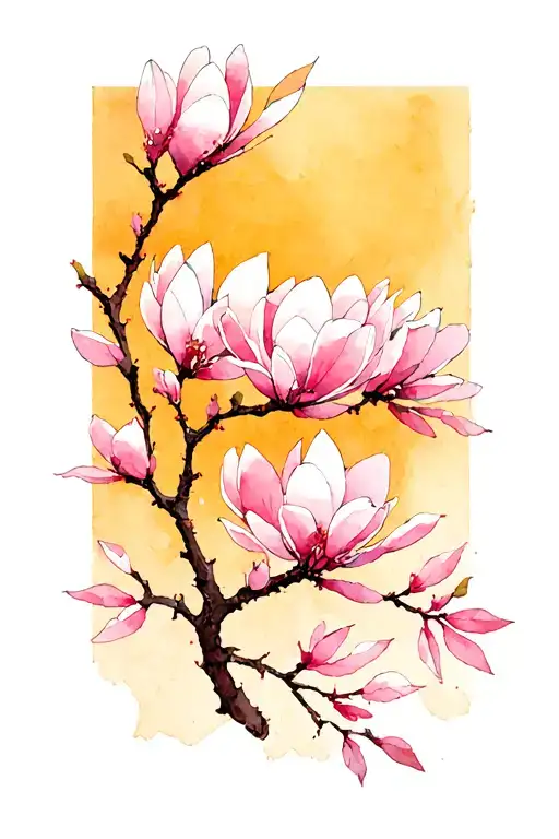 A Japanese-inspired illustration featuring a delicate branch adorned with vertically arranged soft pink magnolia blossom tattoo design idea