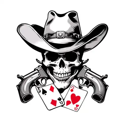 dead man's hand. a grinning skull wearing a cowboy hat,holding the cards of aces and eights and two crossed pistols tattoo design idea