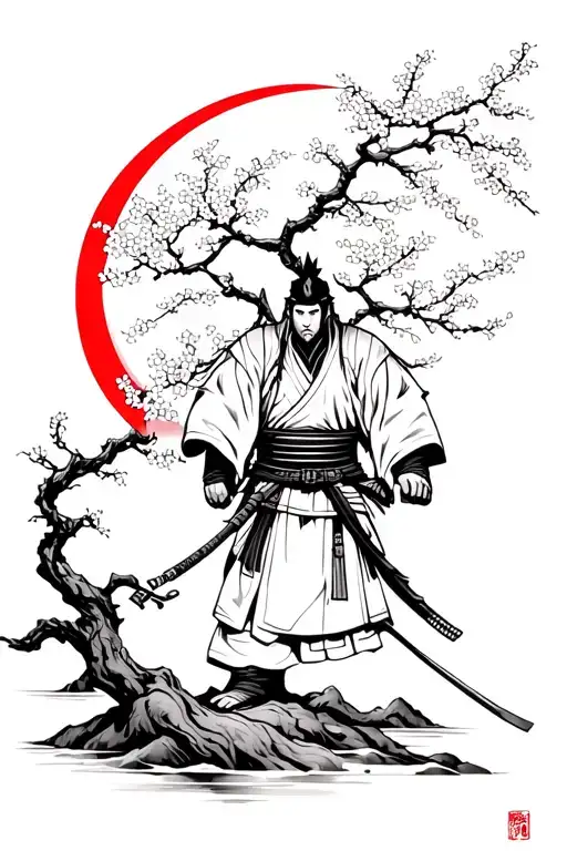Lonely ronin samurai next to cherry blossom tree with red moon behind him  tattoo design idea