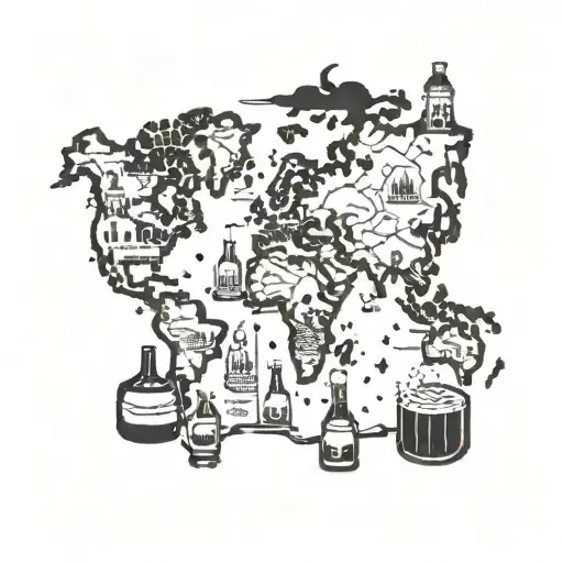 A map of the world with each country represented by a different type of beer bottle or glass tattoo design idea