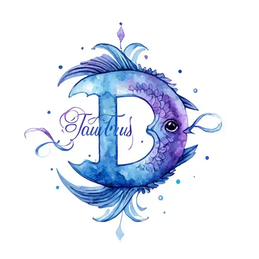 Make a compact small tattoo for back design which includes pisces and Taurus zodiac signs and calligraphy D letter tattoo design idea