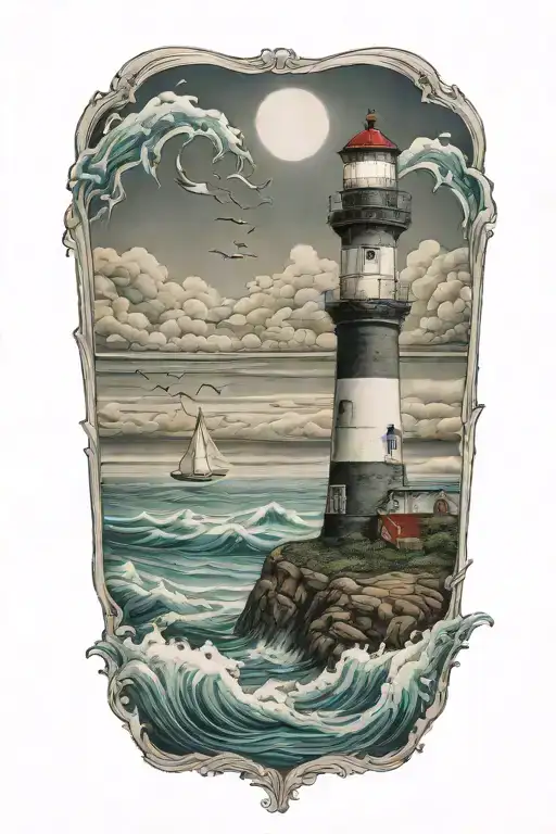 Ocean with light house and salt water fish tattoo design idea