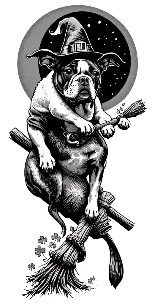 shamrock, bulldog, boston terrier, cattle dog, camper, flying witch on broomstick, moon, campfire tattoo design idea