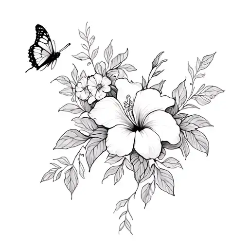 Ankle/foot tattoo with hibiscus,lily,and plumeria flowers and filler vines and a butterfly tattoo design idea