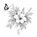 Ankle/foot tattoo with hibiscus,lily,and plumeria flowers and filler vines and a butterfly tattoo design idea