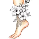 Ankle/foot tattoo with hibiscus,lily,and plumeria flowers and filler vines and a butterfly tattoo design idea
