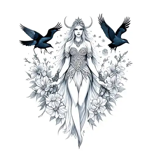 an image of the Celtic Goddess, the Morrigan. Surrounded by her associated flowers, weapons and multiple flying crows.  tattoo design idea