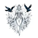 an image of the Celtic Goddess, the Morrigan. Surrounded by her associated flowers, weapons and multiple flying crows.  tattoo design idea