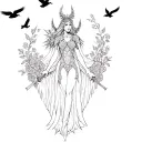 an image of the Celtic Goddess, the Morrigan. Surrounded by her associated flowers, weapons and multiple flying crows.  tattoo design idea