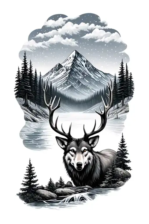 mountain with wolf whitetail deer buck trees and river tattoo design idea