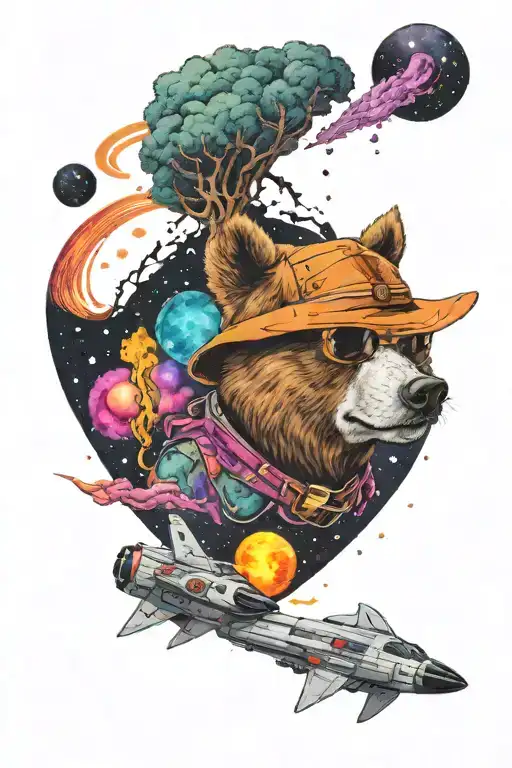 Space nebula with Hunter S. Thompson, Brentford FC logo and mastodon band inspired bears tattoo design idea