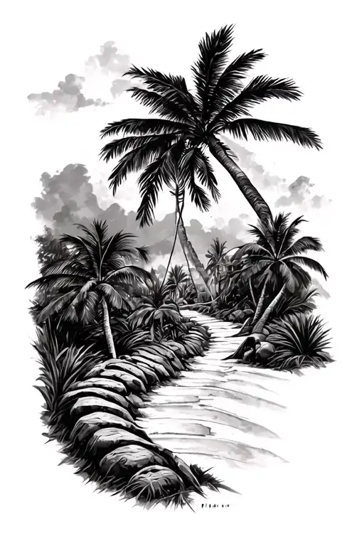 Cambodian heritage, Taino Puerto Rican heritage, no flag, with trail running. palm trees tattoo design idea