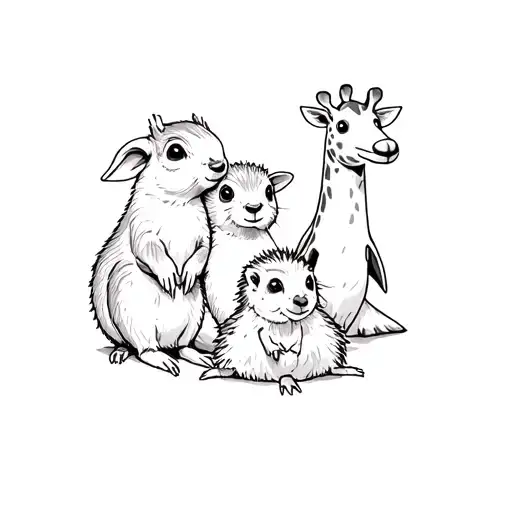 Chipmunk,lamb,hedgehog, otter,giraffe and peguin together  tattoo design idea