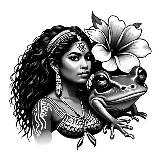 Taino Puerto Rican woman with flor de maga and coqui frog tattoo design idea