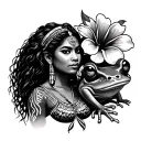 Taino Puerto Rican woman with flor de maga and coqui frog tattoo design idea