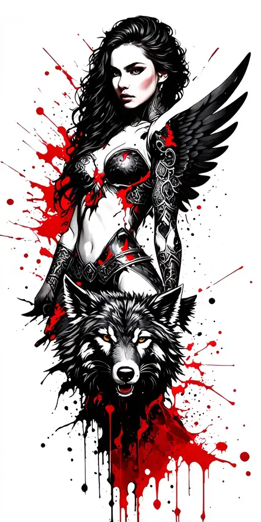 A Valkyrie (including wings) with Fenrir at her side in trash polka style as a full sleeve for the arm without writing tattoo design idea