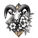 An intricate diamond pattern incorporating April birth flowers and Aries ram horns, with subtle security-themed elements tattoo design idea
