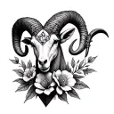An intricate diamond pattern incorporating April birth flowers and Aries ram horns, with subtle security-themed elements tattoo design idea
