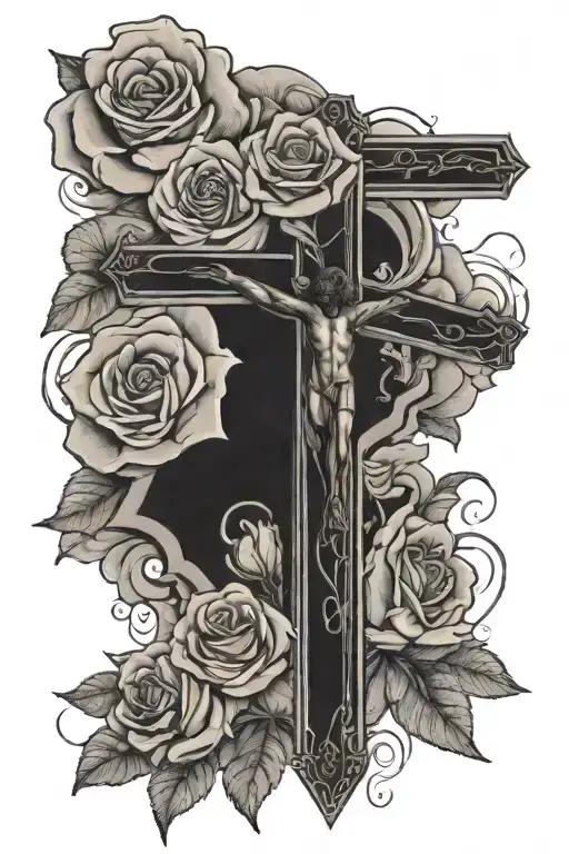 christian with cross and roses and clouds surrounding tattoo design idea