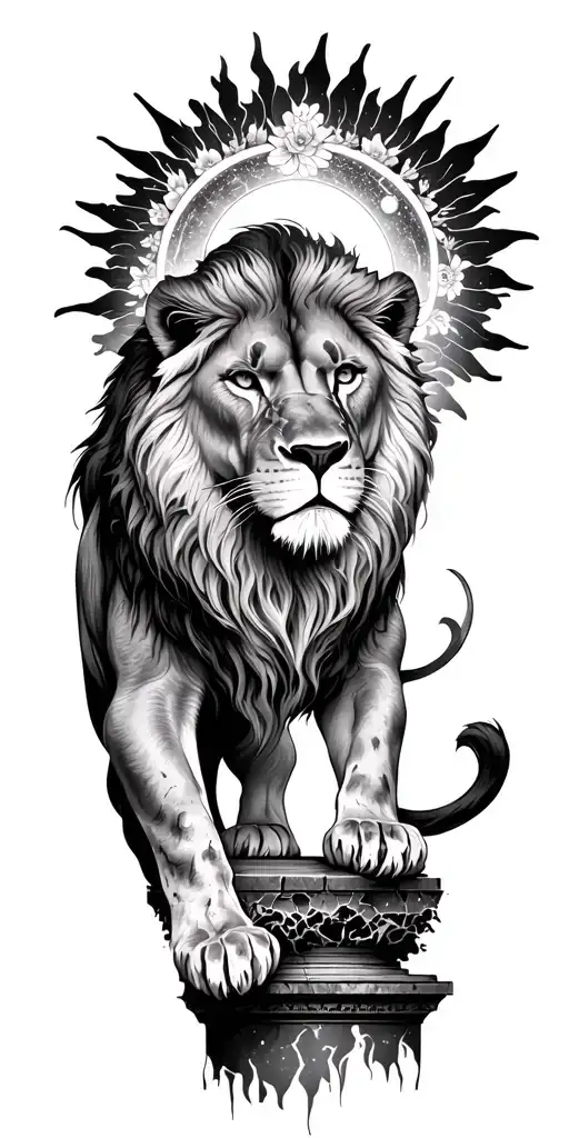Full arm sleeve: fierce lioness on cracked pedestal, sun halo with Leo constellation, floral crown; burning tree transfo tattoo design idea