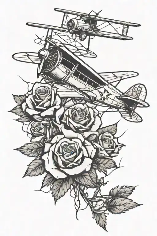 rose and plane taking tattoo design idea