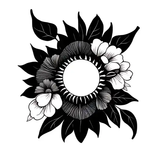 black fine line minimalist tattoo patchwork that flows with flowers as filler in gaps. feature a sun with minimalist fac tattoo design idea