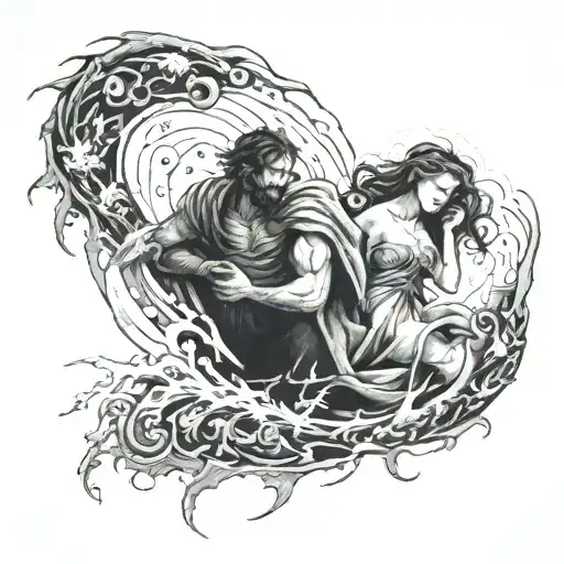 man and woman together with a blanket on in the middle of a hurricane with lost souls around them (dante's inferno) tattoo design idea