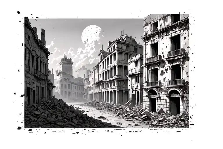 An ancient Roman-inspired cityscape, surrounded by ruins and the echoes of destruction. Perspective from the street. tattoo design idea