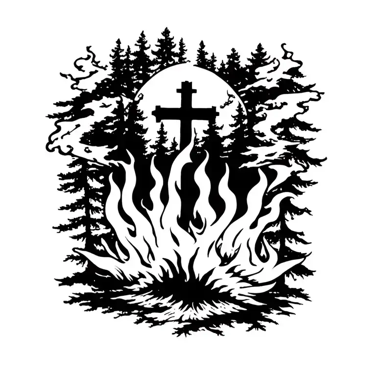black and white silhouette wrap around wrist tattoo of a forest burning and cross Pulaski's in the background. realistic tattoo design idea